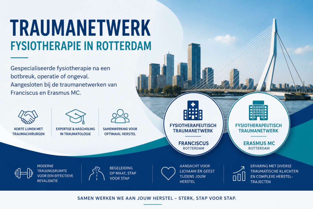 Traumanetwerk fysiotherapie Rotterdam met overzicht van voordelen en samenwerking binnen Franciscus en Erasmus MC, gekoppeld aan De Fysio Hillegersberg