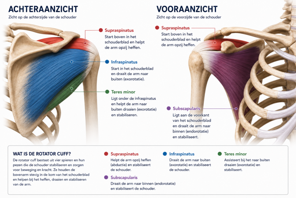 Rotator cuff anatomie met uitleg van functie van spieren